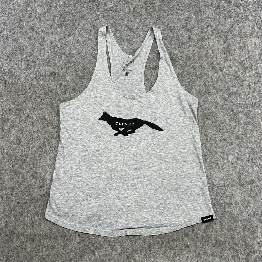 PrAna Tank Top Womens XS Gray Racerback Clever Fox Graphic Yoga Casual Outdoor